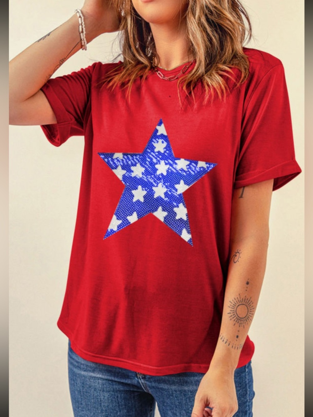1172. Sequin stars USA Americana short sleeve t-shirt in red - Picture 5 of 5